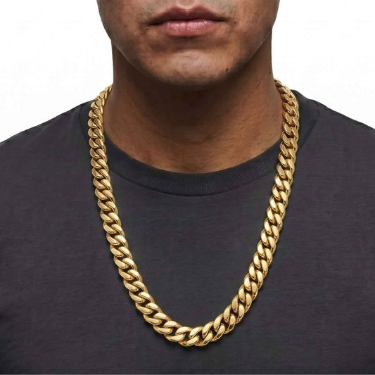 Model wearing the iceX 11mm Miami Cuban link chain in 18K gold PVD plating on stainless steel.