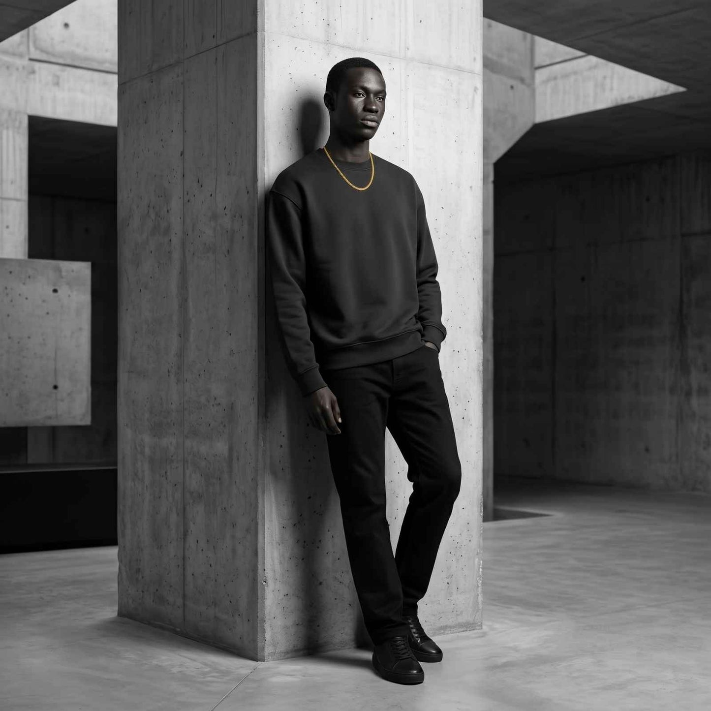 Full-body shot of a male model wearing the iceX 5mm gold Miami Cuban chain in an industrial concrete lifestyle setting.