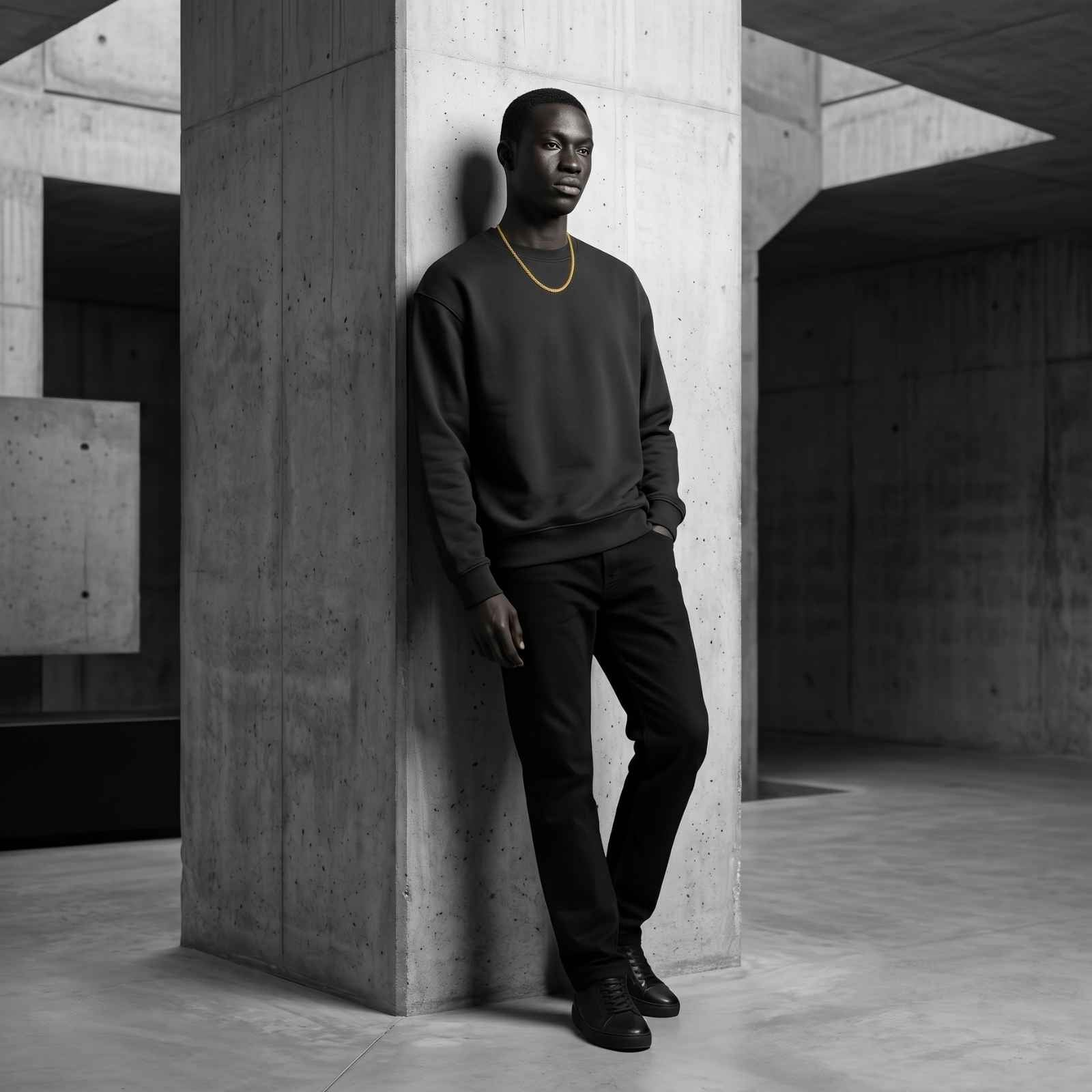 Full-body shot of a male model wearing the iceX 5mm gold Miami Cuban chain in an industrial concrete lifestyle setting.