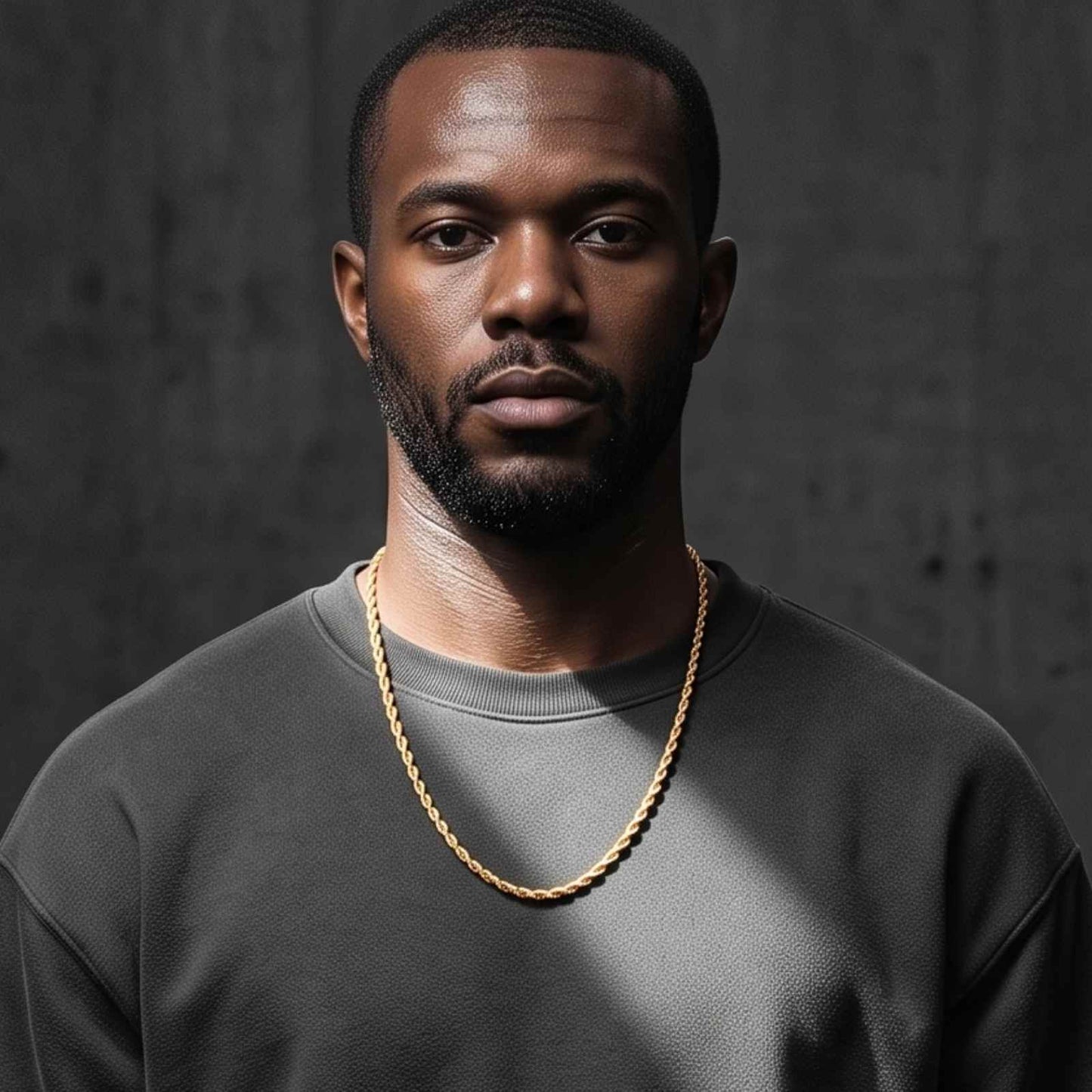 Medium shot of a male model wearing the iceX 5mm gold rope chain with a grey sweatshirt in an urban concrete setting.