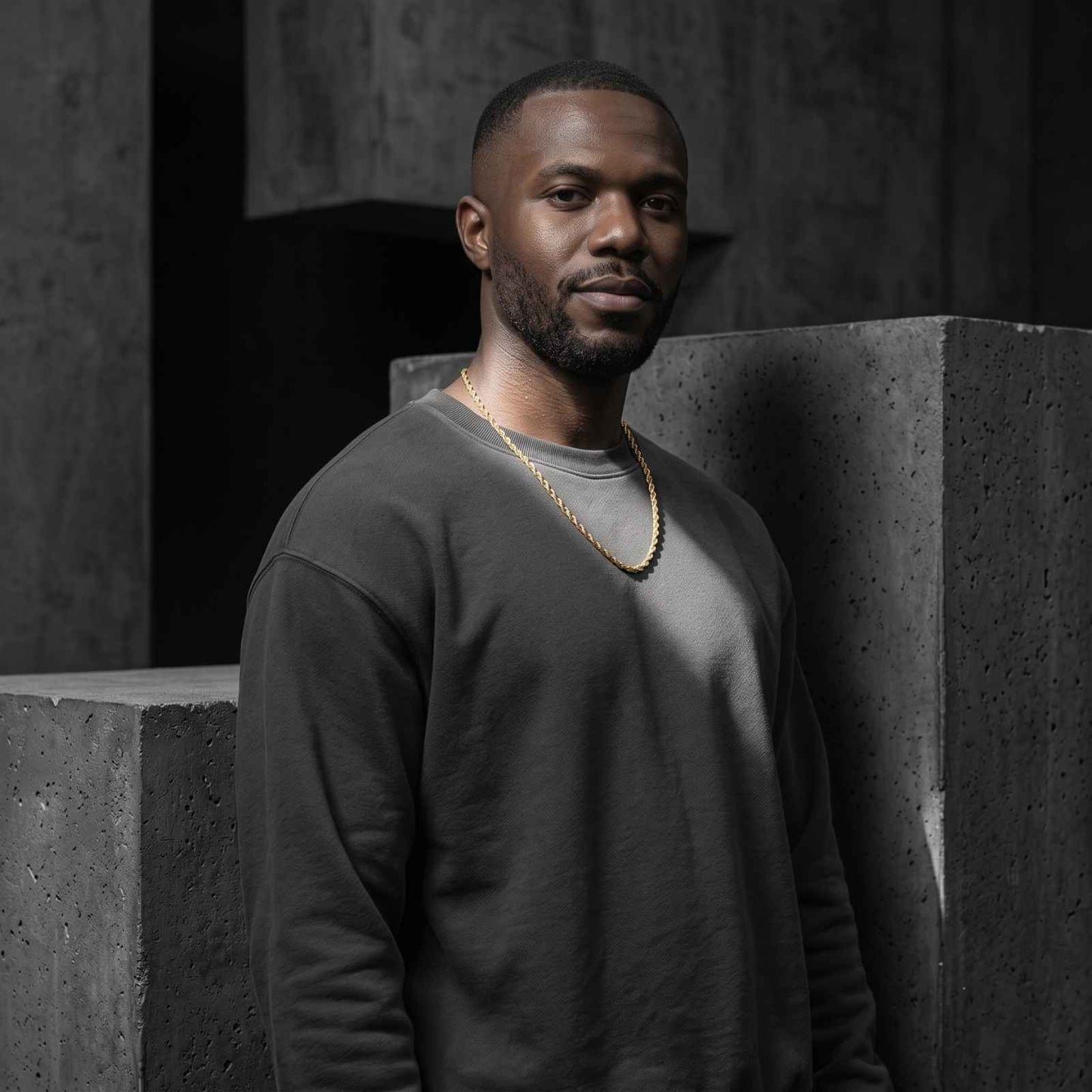 Male model wearing the iceX 5mm gold rope chain with a grey sweatshirt in an urban concrete lifestyle setting.