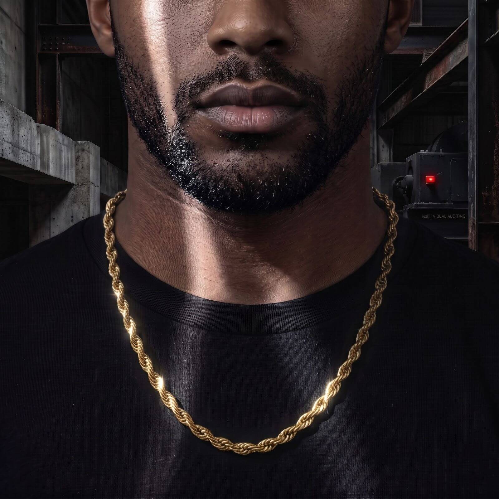 A close-up of a man wearing a 6mm thick, 18K PVD gold rope chain over a black t-shirt, set against a dark industrial background.