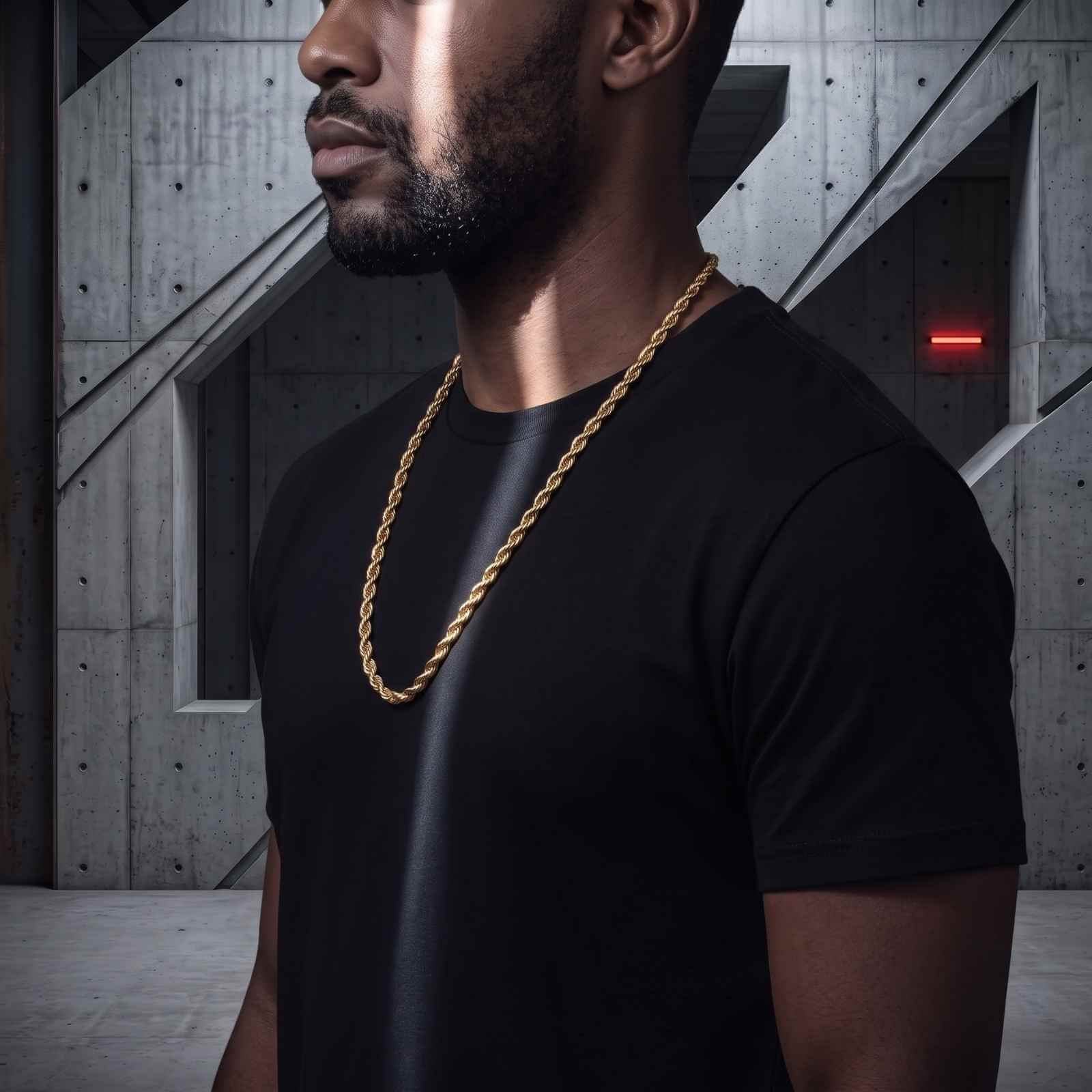 A man wearing a thick 18K PVD gold rope chain and a black t-shirt, standing in a modern concrete structure.