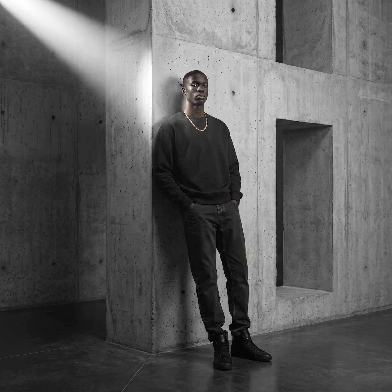 Full-body shot of a male model wearing the iceX 7mm gold Miami Cuban chain with a black sweatshirt and jeans under a dramatic shaft of light.